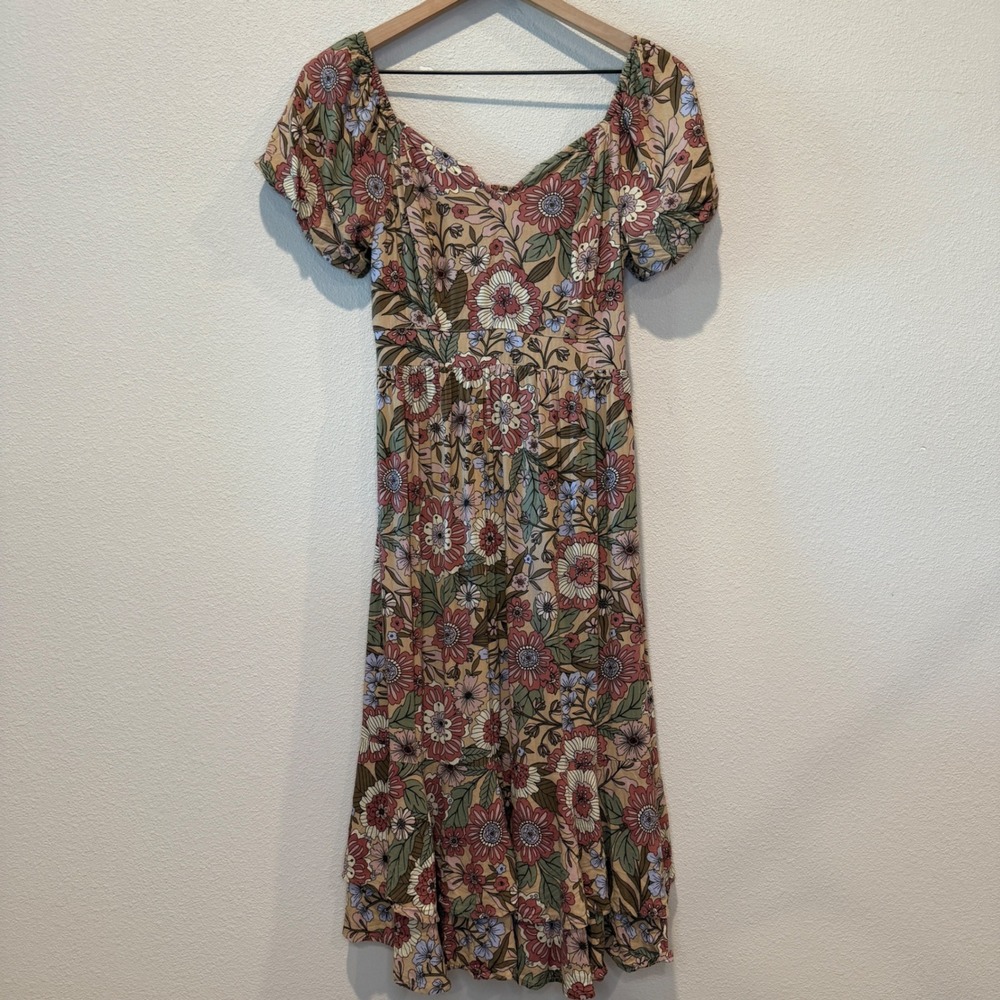 JAPNA Womens Tiered Ruffle Midi Dress Floral Boho Cottagecore Forest Fairy Small